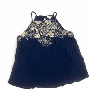 love on a hanger Navy Halter Tank with Cream Floral Embroidery Accents